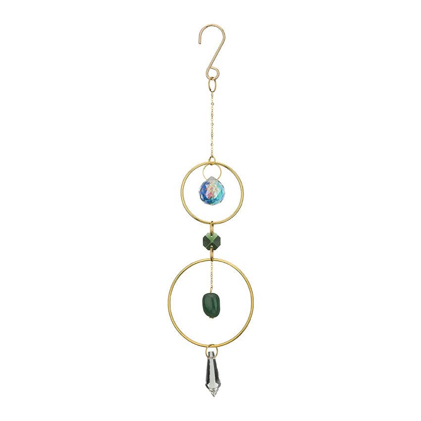 Mellow Monkey jade and crystal suncatcher ornament with bronze rings and hanging hook for window display