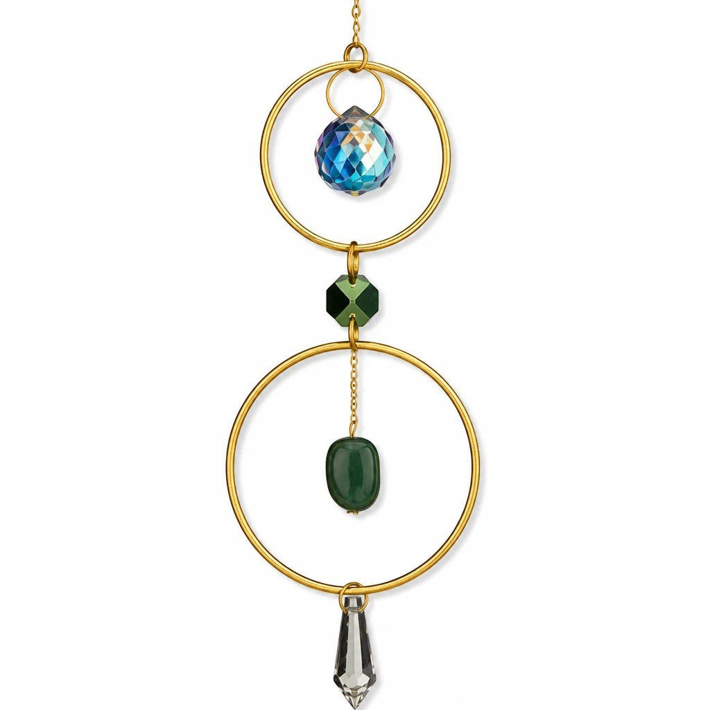 Mellow Monkey jade and crystal suncatcher ornament with bronze rings and prismatic hanging stones