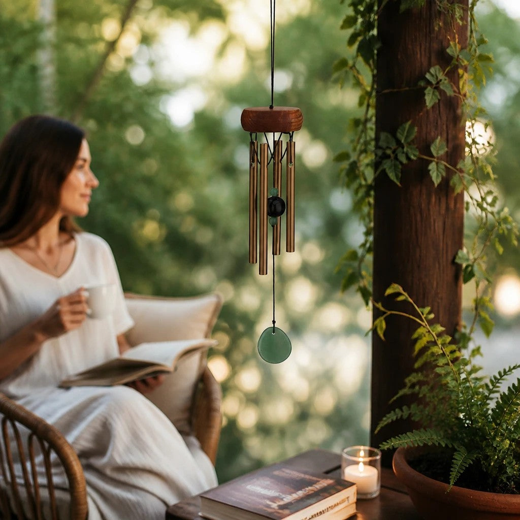 Mellow Monkey mini healing wind chime with jade stones and aluminum tubes hanging on a serene outdoor patio.