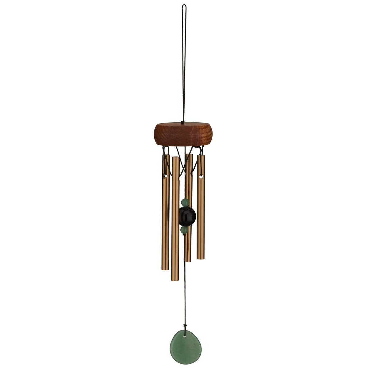 Mellow Monkey mini healing wind chime with wooden canopy, bronze aluminum tubes, and genuine green jade stone accents.