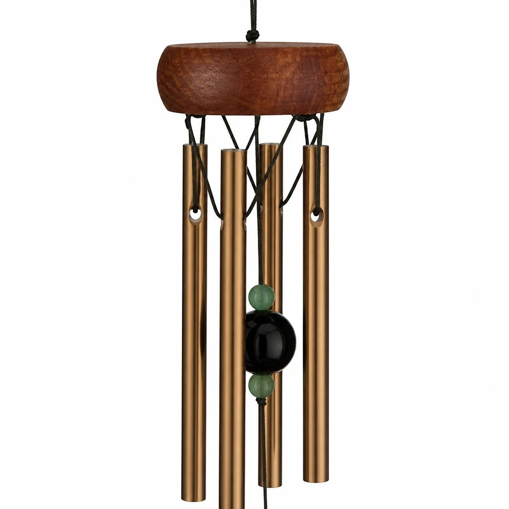Mellow Monkey mini healing wind chime with wooden canopy, bronze aluminum tubes, and green jade stone accents.