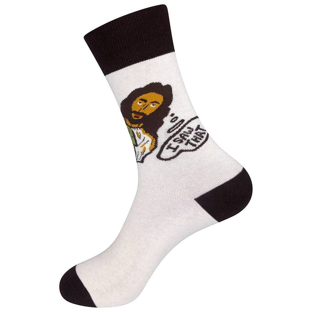 Mellow Monkey cream cotton socks featuring a humorous Jesus graphic with an I Saw That speech bubble and brown accents