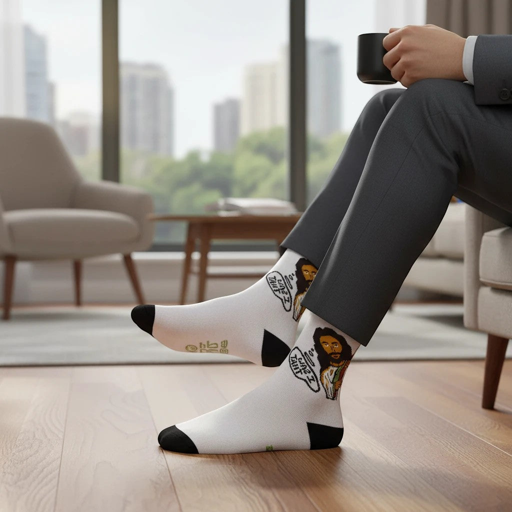 Mellow Monkey cream crew socks featuring a funny Jesus graphic with I Saw That speech bubble worn by a man in a suit