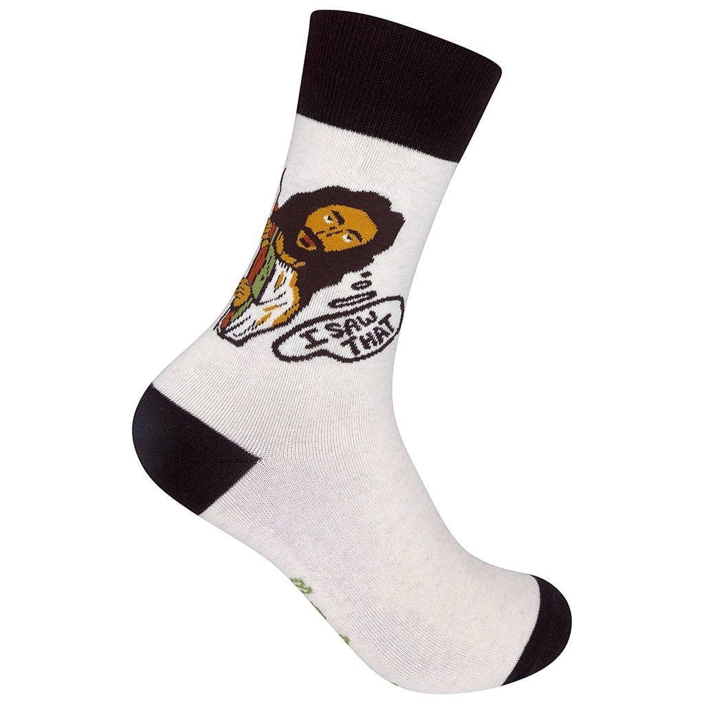 Mellow Monkey cream novelty socks featuring a Jesus graphic with an I Saw That speech bubble and brown accents