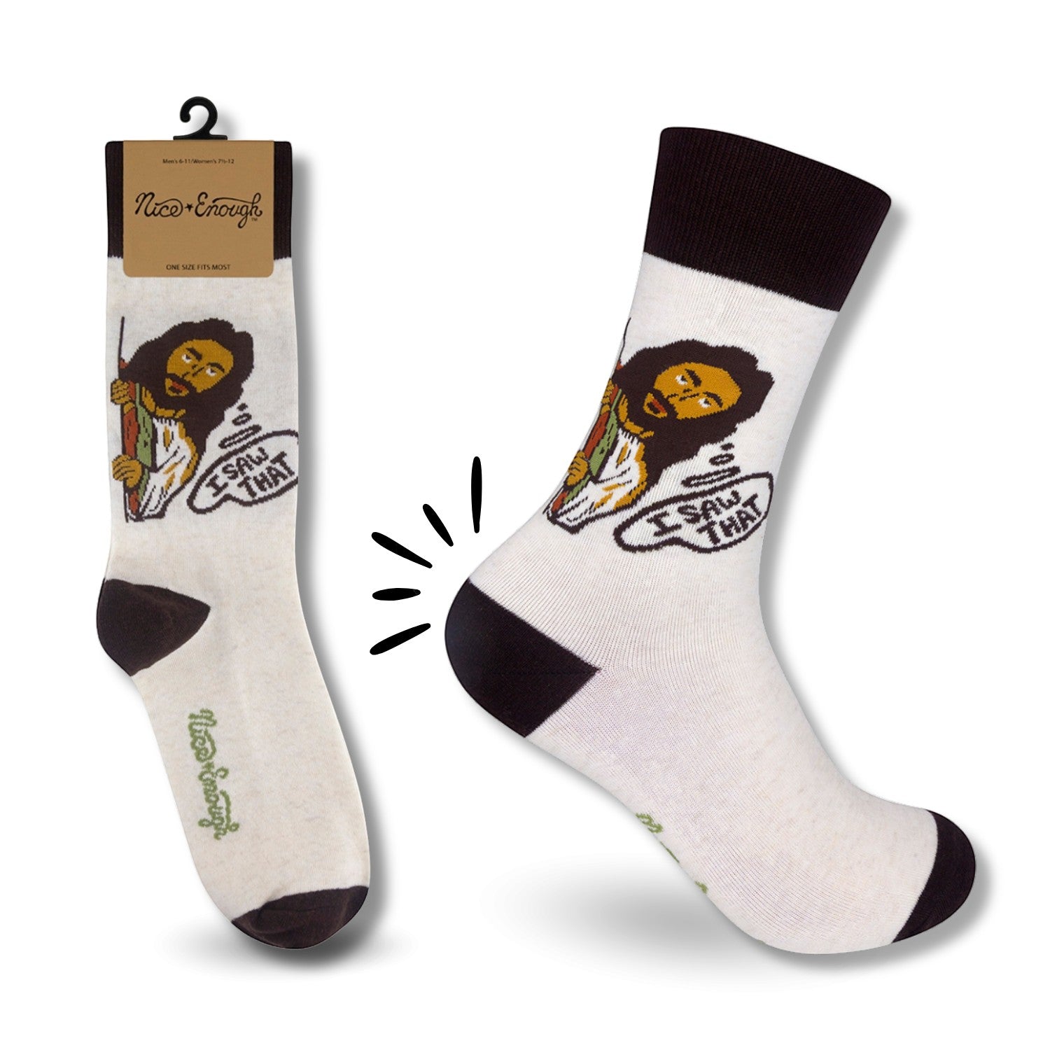 Mellow Monkey cream cotton blend novelty socks featuring a Jesus graphic with an I Saw That speech bubble