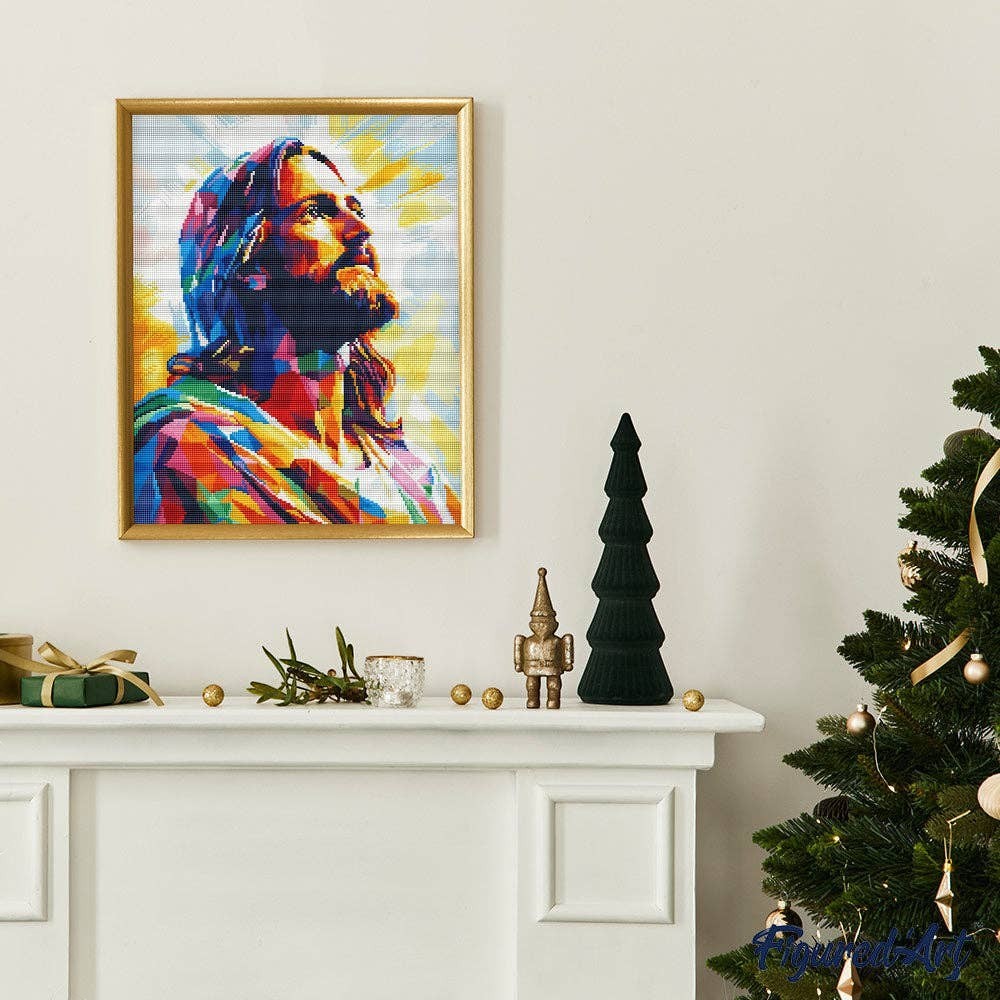 Mellow Monkey Jesus Radiant Glory diamond painting kit, 16"x20", full drill, colorful portrait with gold frame.