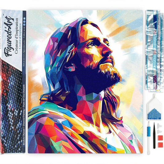 Mellow Monkey Jesus Radiant Glory 16x20 inch diamond painting kit with full drill portrait and included tools.