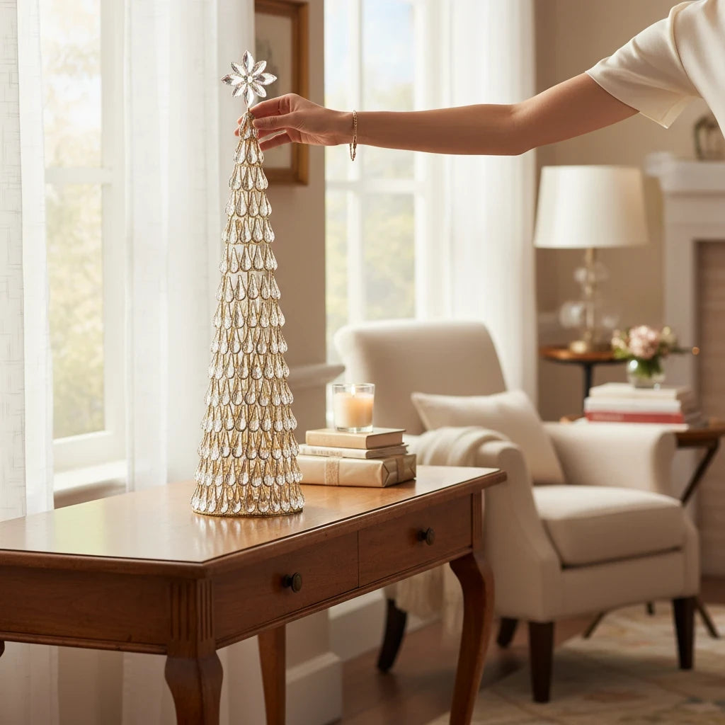 Mellow Monkey 20-inch Jewel Cone Tree with crystal-like teardrop accents on a wooden table in a bright living room.