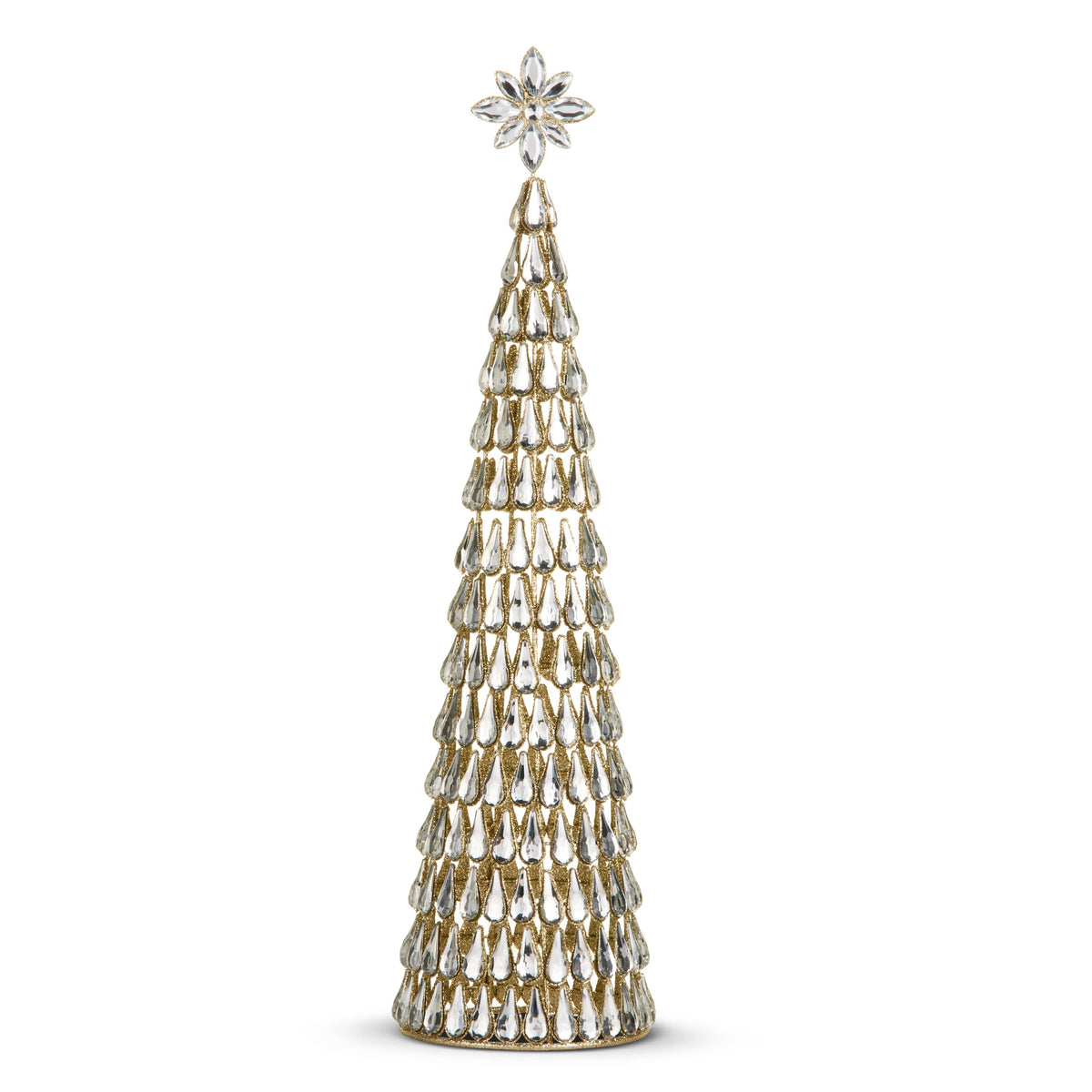 Mellow Monkey 20-inch cone-shaped holiday tree decorated with clear faceted jewels and a star topper on a gold frame.