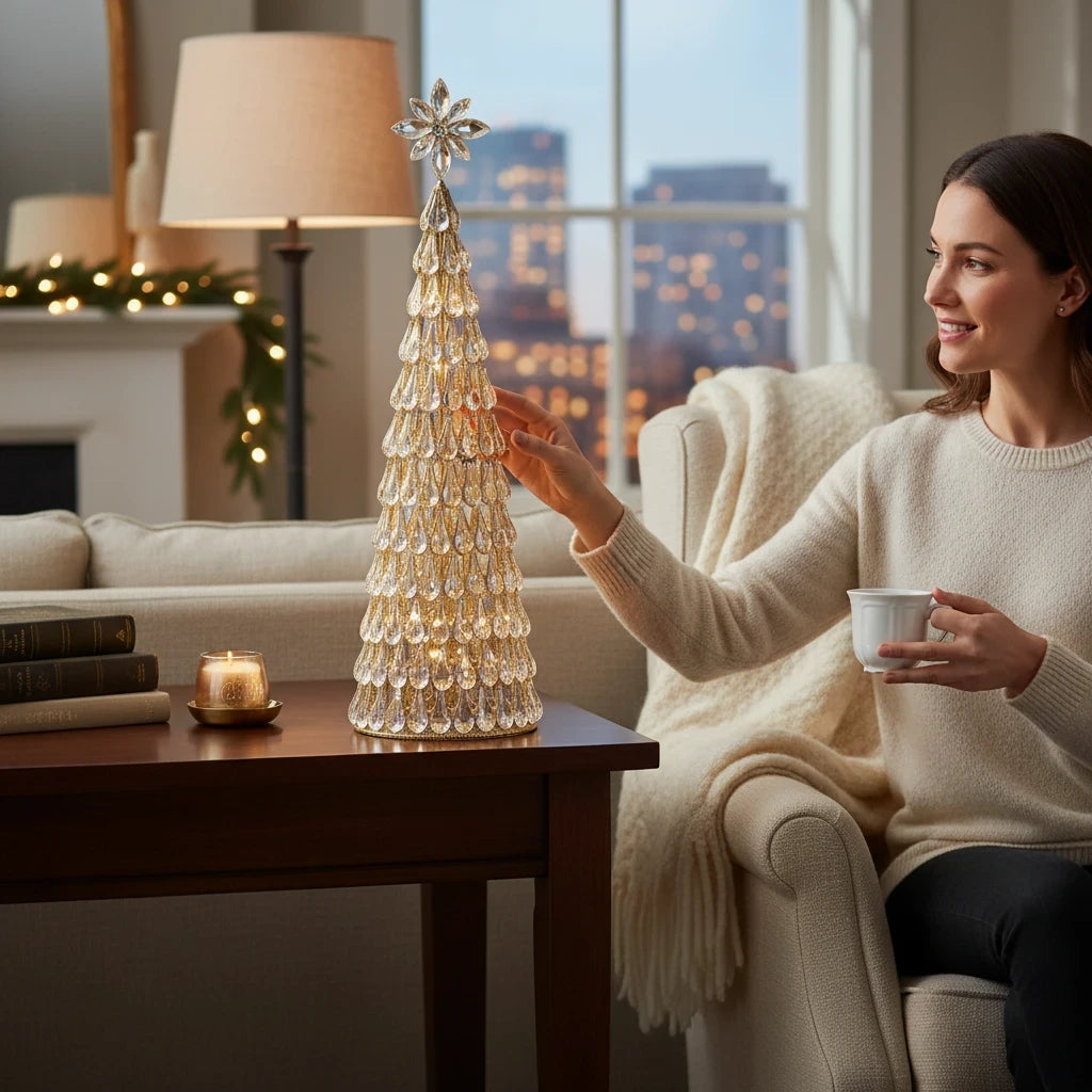 Mellow Monkey 16.5-inch jewel cone tree with crystal-like teardrop accents on a wooden table in a cozy living room