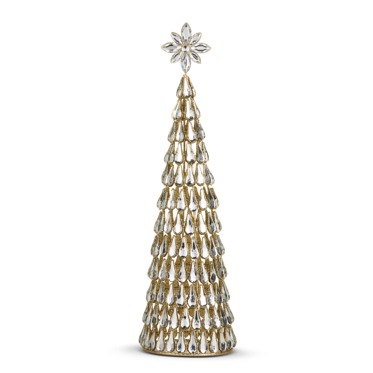 Mellow Monkey 16.5-inch gold metal cone tree decorated with clear teardrop jewels and a star topper for holiday decor.
