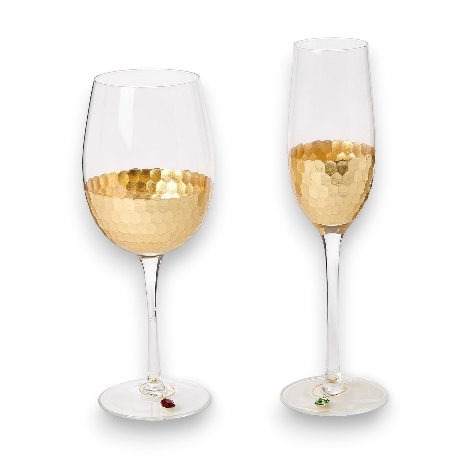 Mellow Monkey set of 6 jeweled wine glass charms in vibrant colors attached to elegant gold-rimmed wine glasses.