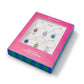 Mellow Monkey set of 6 colorful jeweled wine glass charms in a vibrant pink and blue gift box for party drink marking.