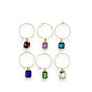 Mellow Monkey set of 6 jeweled wine glass charms in assorted vibrant colors with gold-tone metal hoops.
