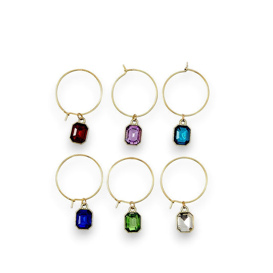 Mellow Monkey set of 6 jeweled wine glass charms in assorted vibrant colors with gold-tone metal hoops.