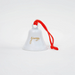 Mellow Monkey Jimmy Stewart collector bell in white with gold script and red satin hanging cord