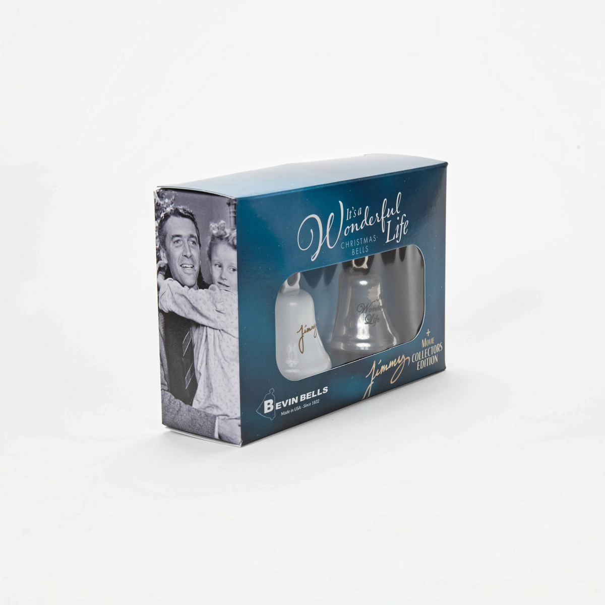 Mellow Monkey Jimmy Stewart Bell 2-Pack in a commemorative It's a Wonderful Life collector's edition gift box