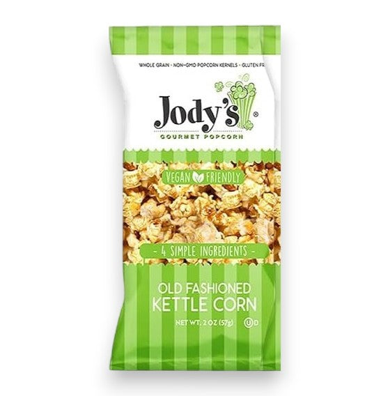 Mellow Monkey Jody's Old Fashioned Kettle Corn in a 2-oz green and white snack bag with sweet and salty popcorn.