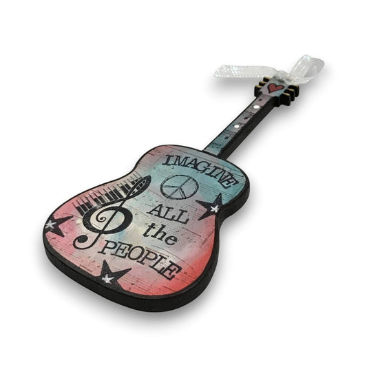 Mellow Monkey hand-painted wooden John Lennon Imagine guitar ornament with musical notes and peace sign design.