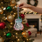 Mellow Monkey hand-painted wooden John Lennon Imagine guitar Christmas ornament hanging on a decorated tree.