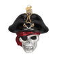 Mellow Monkey Jolly Roger pirate skull blown glass holiday ornament with black hat, red bandana, and crossed swords.