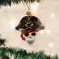 Mellow Monkey Jolly Roger pirate skull glass holiday ornament with black hat, red bandana, and eye patch.