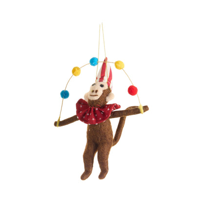 Mellow Monkey handcrafted felt circus monkey ornament wearing a red and white striped hat and polka dot collar