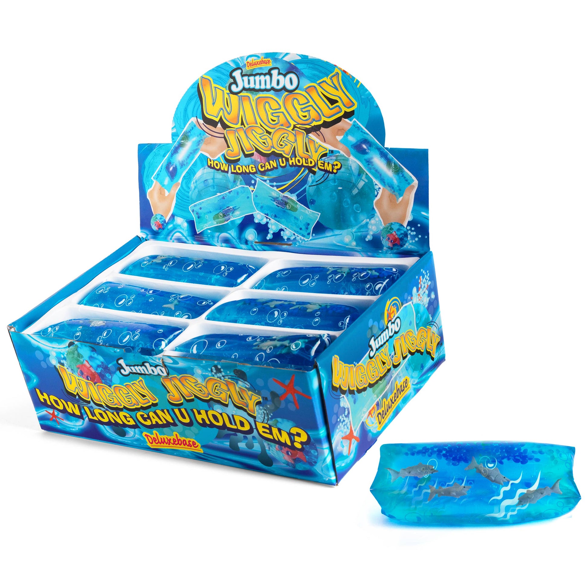Mellow Monkey Jumbo Wiggly Jiggly shark water snake sensory toy in a blue retail counter display box