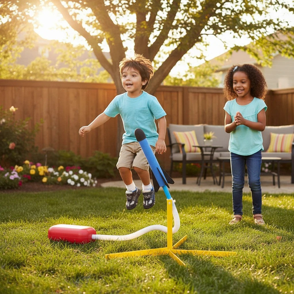 Mellow Monkey jump rocket launcher set with foam rockets being launched by a child in a sunny backyard.
