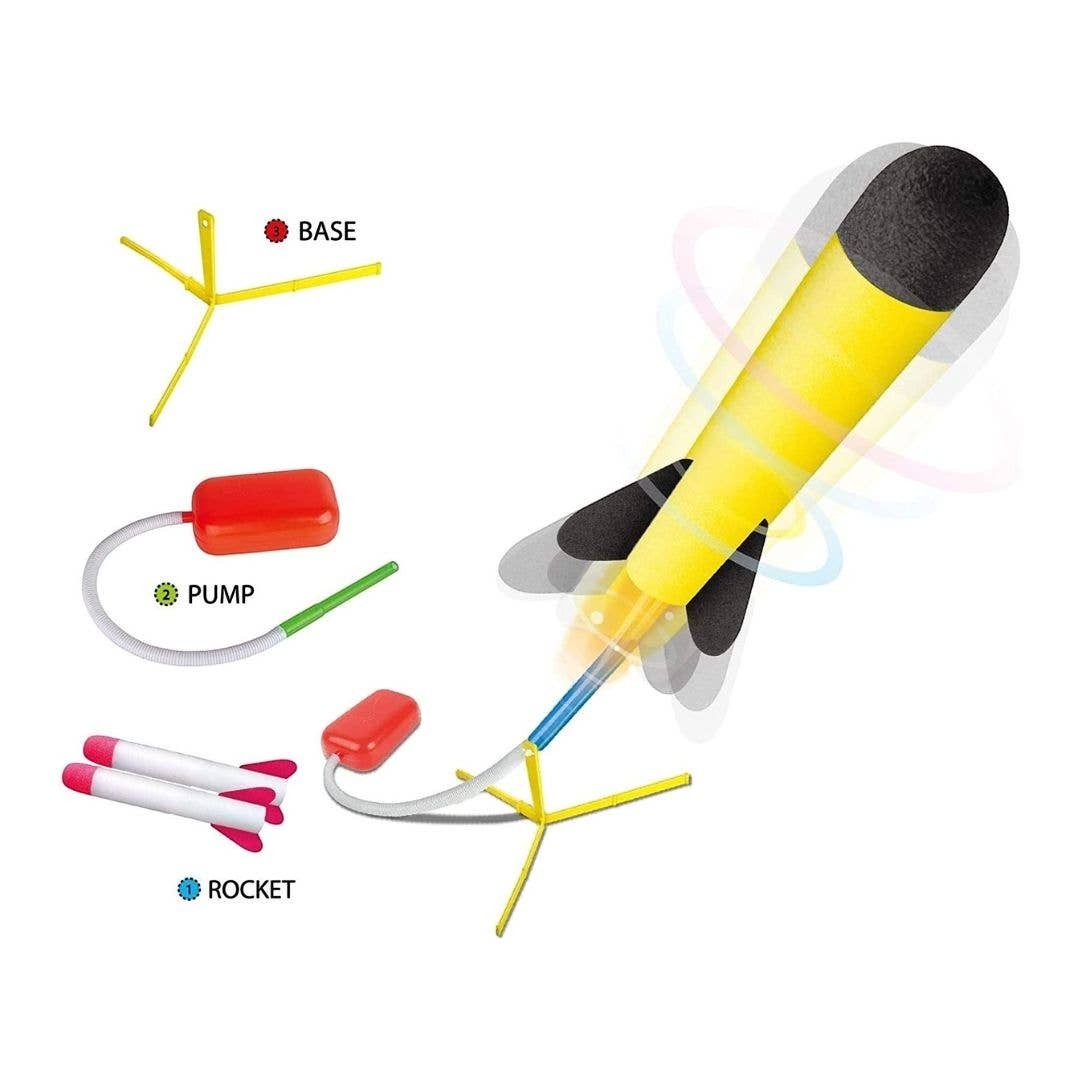 Mellow Monkey jump rocket launcher set with yellow foam rocket, red air pump, and adjustable tripod base.