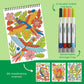Mellow Monkey Jungle Oasis FlowArt Trace pad with colorful parrot illustrations, 20 meditative scenes, and 4 markers.