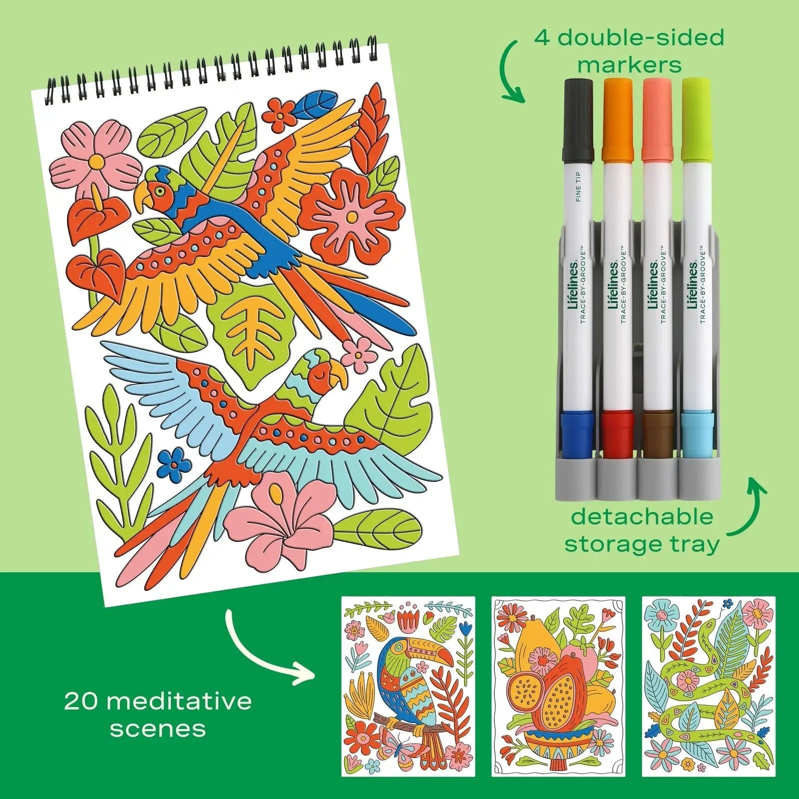 Mellow Monkey Jungle Oasis FlowArt Trace pad with colorful parrot illustrations, 20 meditative scenes, and 4 markers.