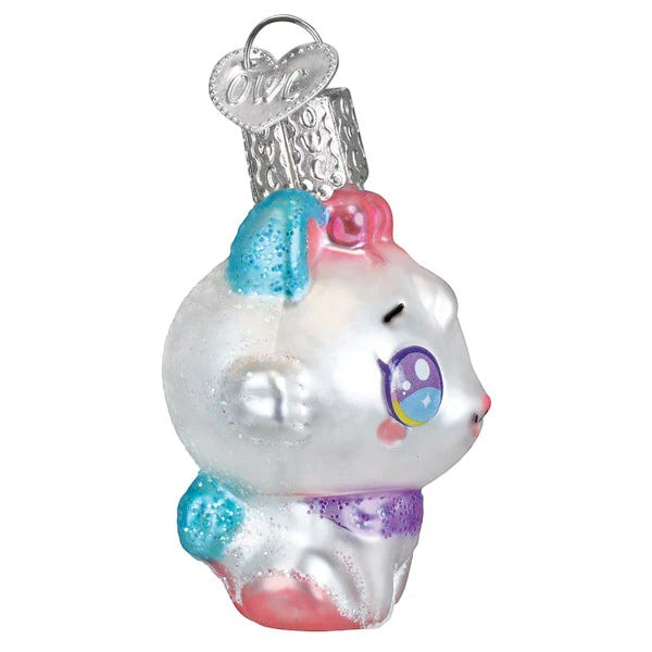 Mellow Monkey Mini Kawaii Cat blown glass holiday ornament, white with pink and blue accents, purple scarf, and large anime-style eyes.