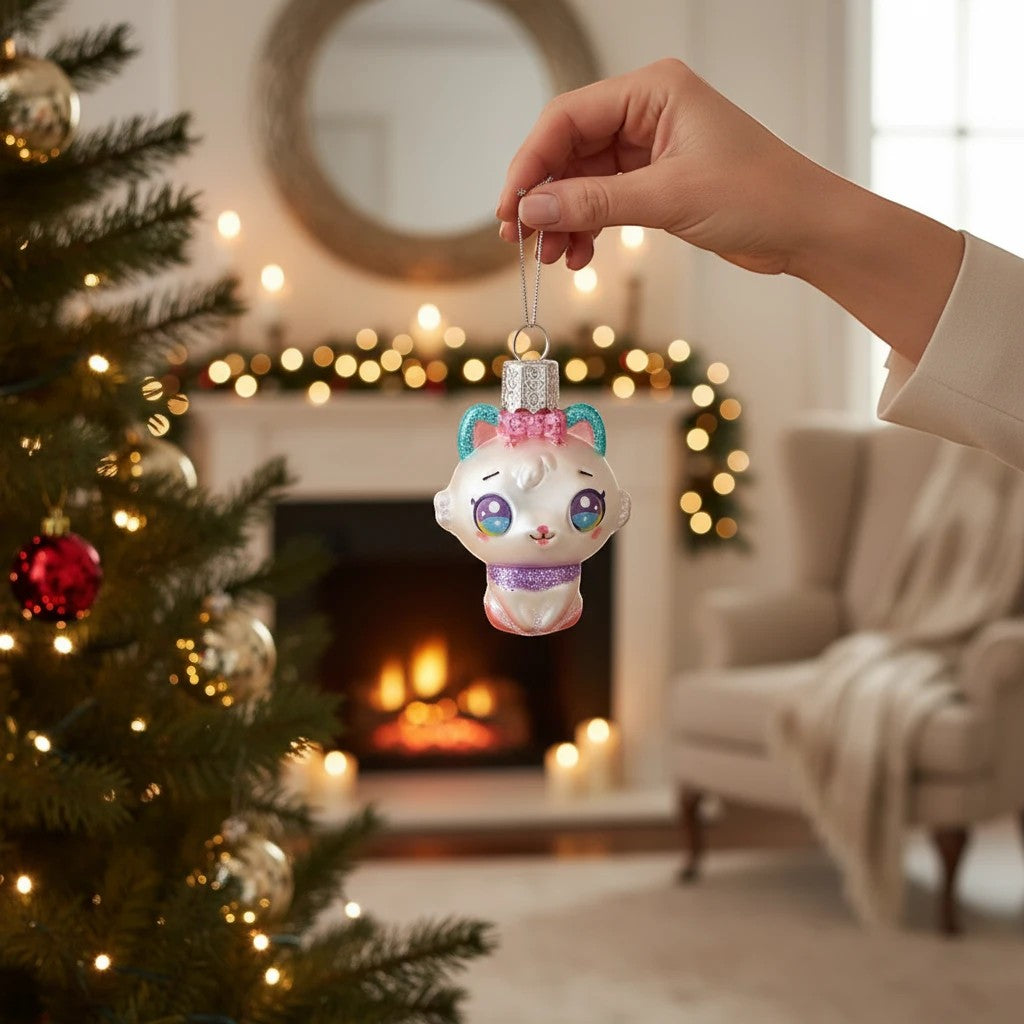 Mellow Monkey Mini Kawaii Cat blown glass holiday ornament, white with large colorful eyes, pink bow, and purple scarf.