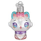 Mellow Monkey Mini Kawaii Cat blown glass holiday ornament, white with large purple eyes, pink bow, and glittery collar.