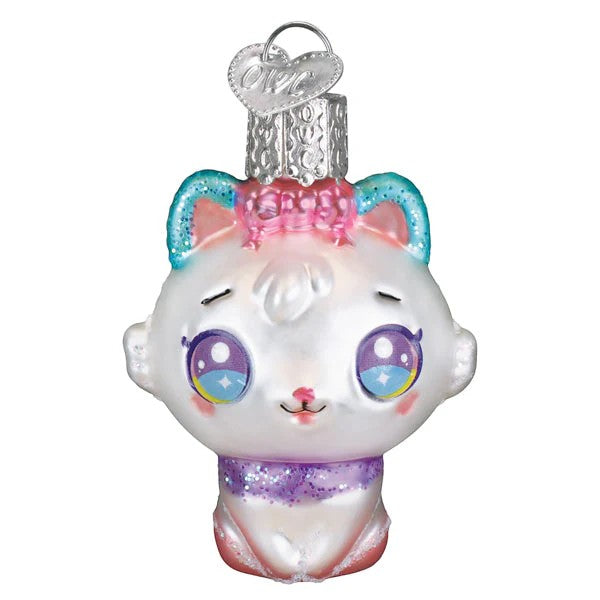 Mellow Monkey Mini Kawaii Cat blown glass holiday ornament, white with large purple eyes, pink bow, and glittery collar.