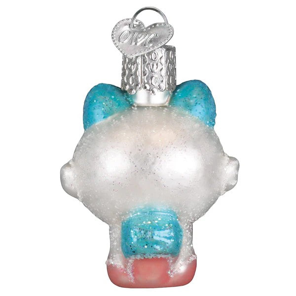 Mellow Monkey Mini Kawaii Cat blown glass holiday ornament, white with blue glitter accents and pink paws.