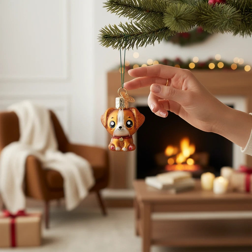 Mellow Monkey Mini Kawaii Dog blown glass holiday ornament, orange and white with glitter accents, hanging on a Christmas tree.