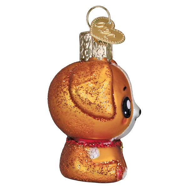 Mellow Monkey Mini Kawaii Dog blown glass holiday ornament, gold glitter, red collar, 2 inches.