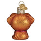 Mellow Monkey Mini Kawaii Dog blown glass holiday ornament, orange with glitter and a red collar. Features a gold heart charm.