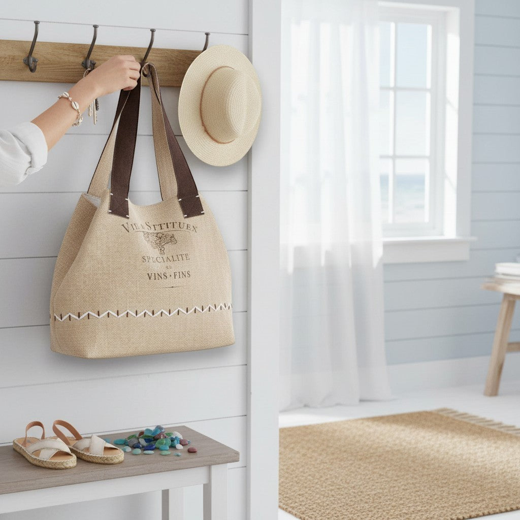 Mellow Monkey Kendlie Mesa tote bag in wheat upcycled canvas with chocolate suede handles and decorative stitching.
