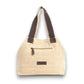 Mellow Monkey Kendlie Mesa tote bag in wheat upcycled canvas with chocolate suede handles and back zipper pocket.