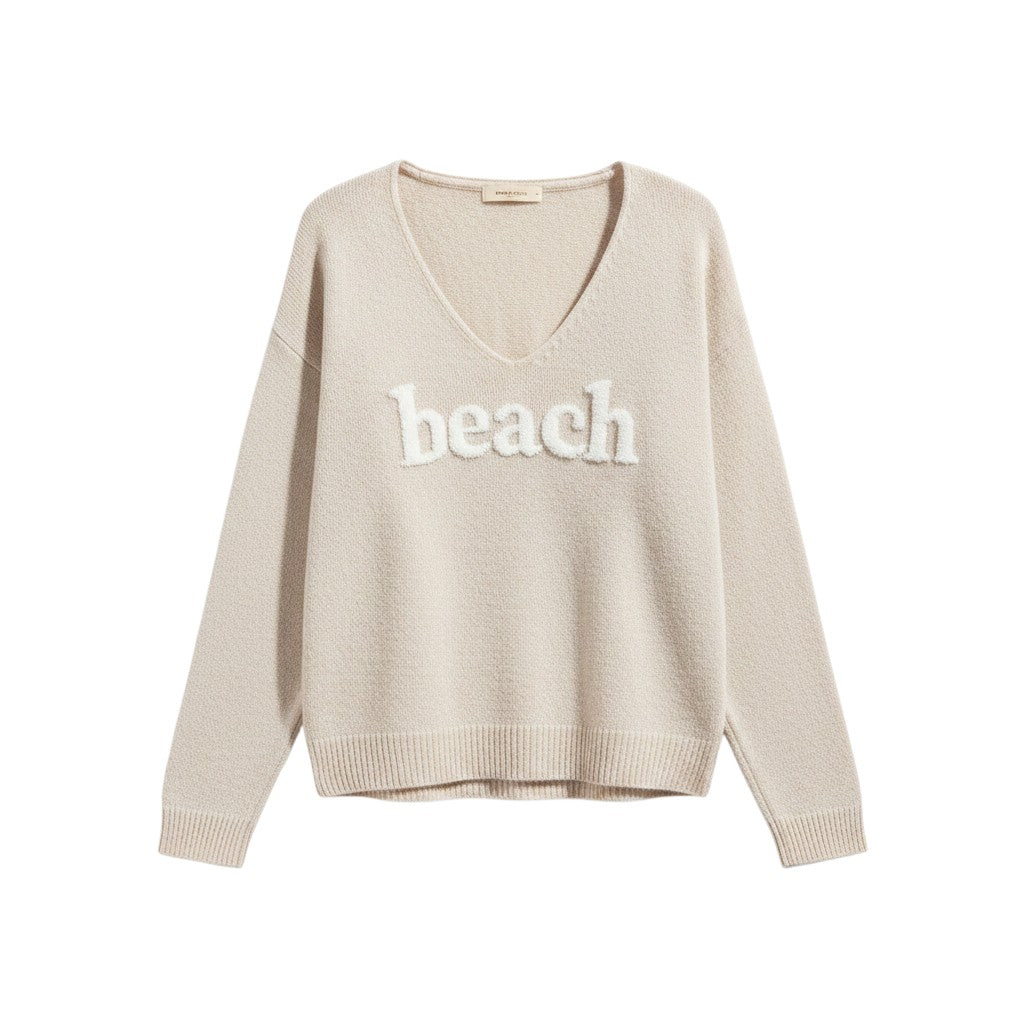 Mellow Monkey khaki lightweight cotton-blend V-neck sweater featuring a white textured BEACH graphic on the front.