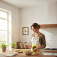 Mellow Monkey khaki canvas apron with Bee Happy sunflower print worn by a woman cooking in a bright kitchen