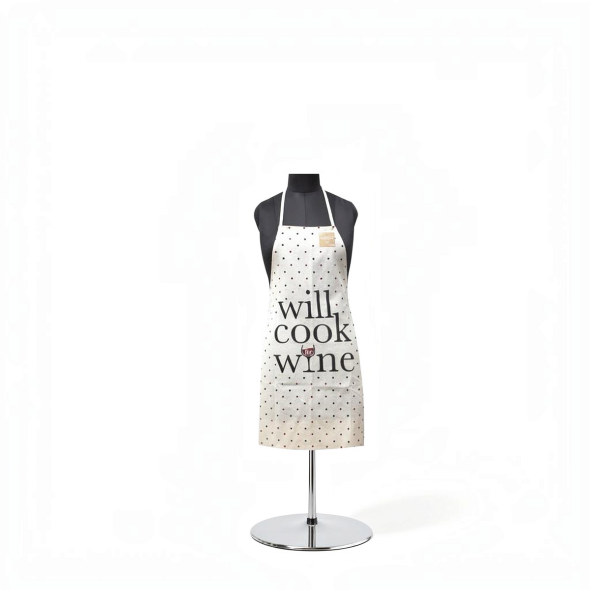 Mellow Monkey vintage-style khaki canvas apron with polka dots and Will Cook for Wine text print