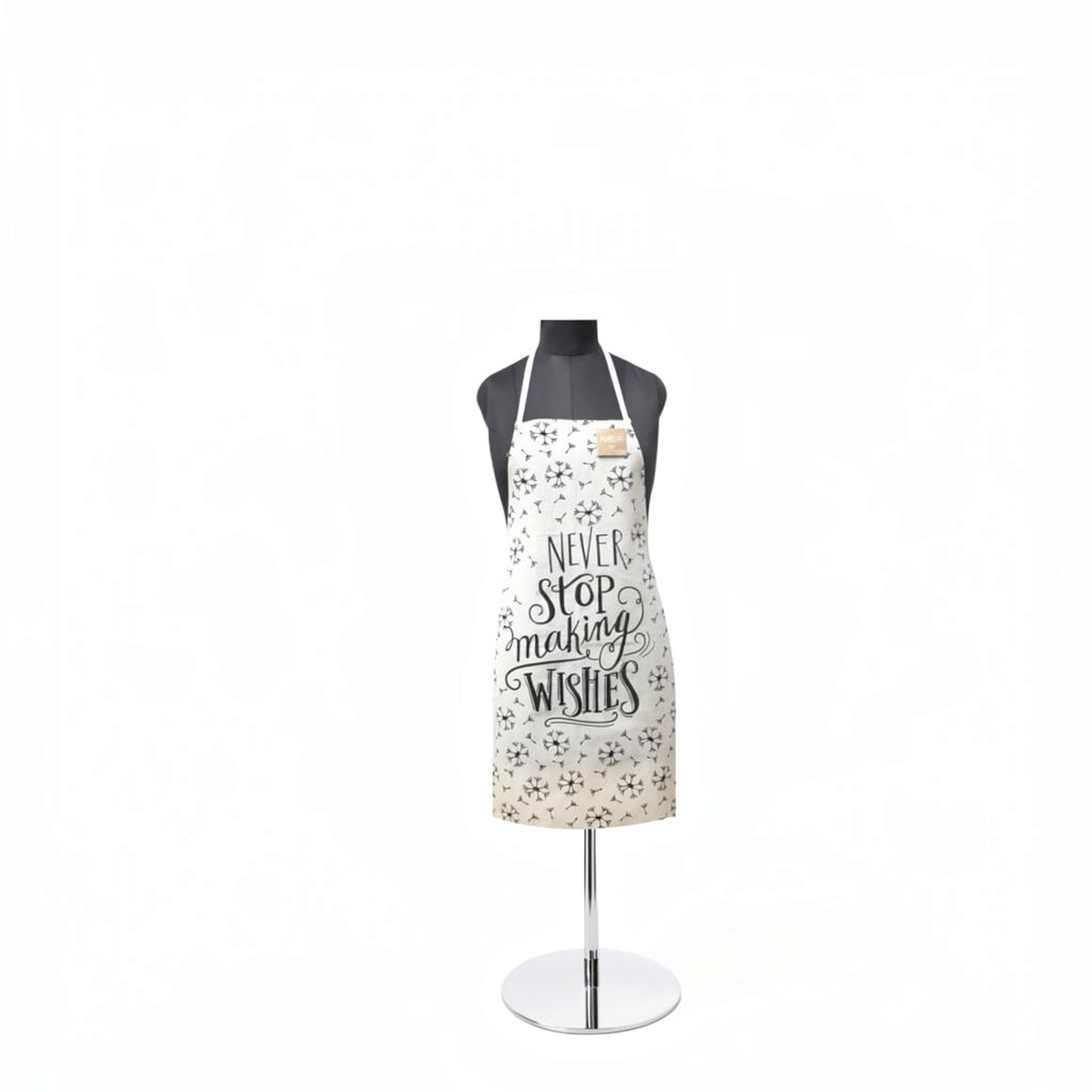 Mellow Monkey khaki canvas apron with Never Stop Making Wishes vintage typography print on a mannequin display.