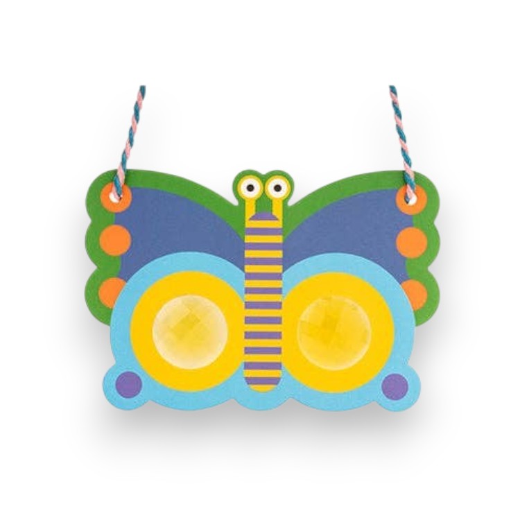 Mellow Monkey Kidoki butterfly-shaped viewing glasses with colorful patterns and yellow kaleidoscope lenses.