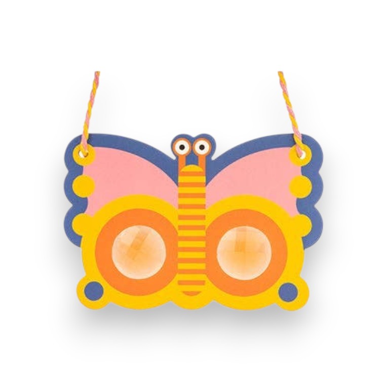 Mellow Monkey Kidoki butterfly-shaped viewing lenses with vibrant pink, yellow, and blue colors and a neck strap.