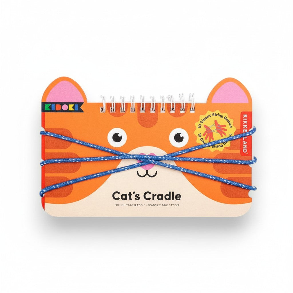 Mellow Monkey Kidoki Cat's Cradle wire-bound book with orange cat face design and blue string for classic games