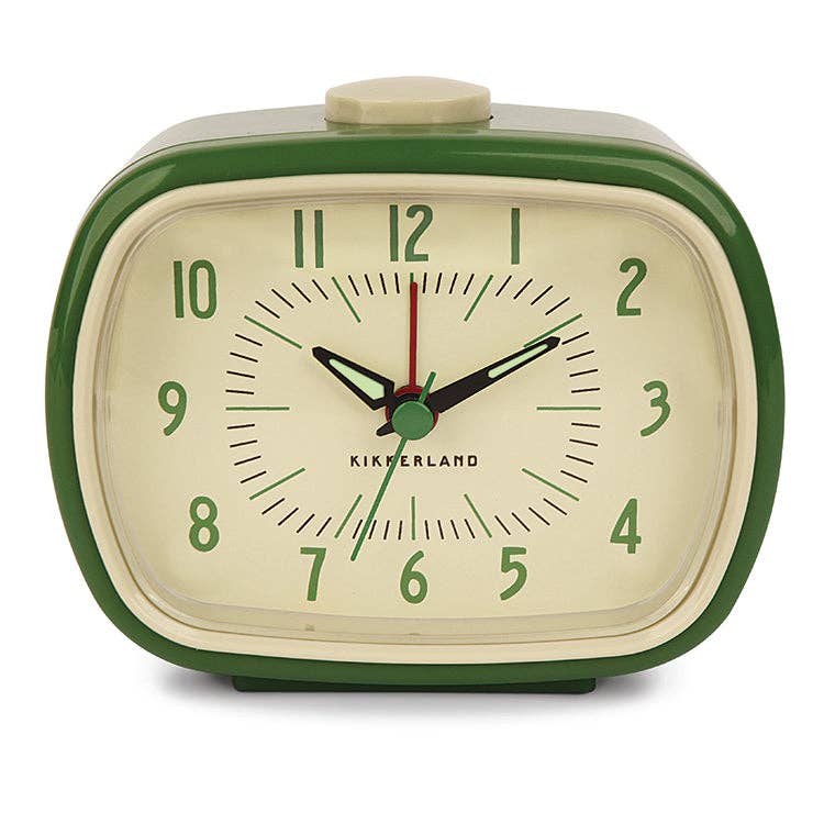 Mellow Monkey Kikkerland retro desk alarm clock in green with a glow-in-the-dark face and classic analog display.